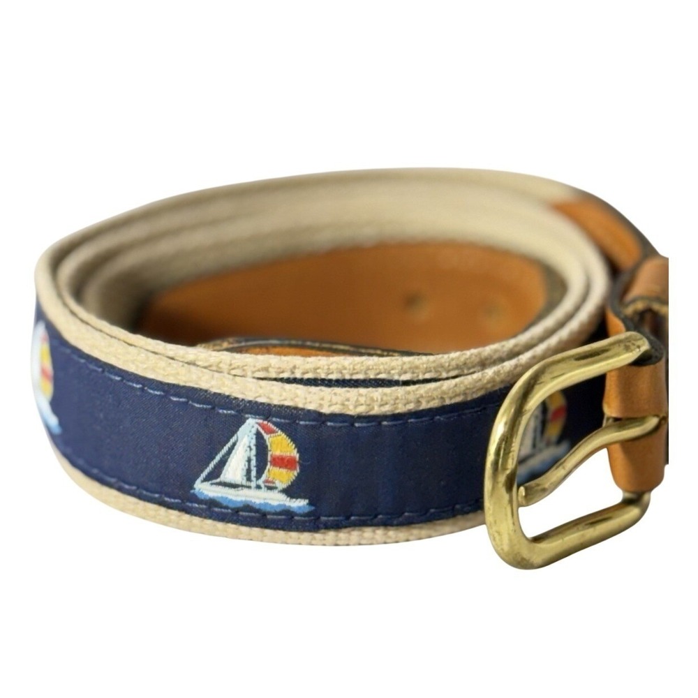 Vintage ZEP-PRO Sailboats Cream Cotton‎ Brown Leather Brass Buckle Belt 38 USA